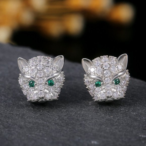 Mens Sterling Silver Emerald Diamond Zircon Panther Cat Stud Earrings Party Gift